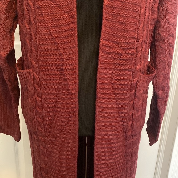 Maroon Long Cable Knit Cardigan Sweater Sz L NWOT - Picture 3 of 11